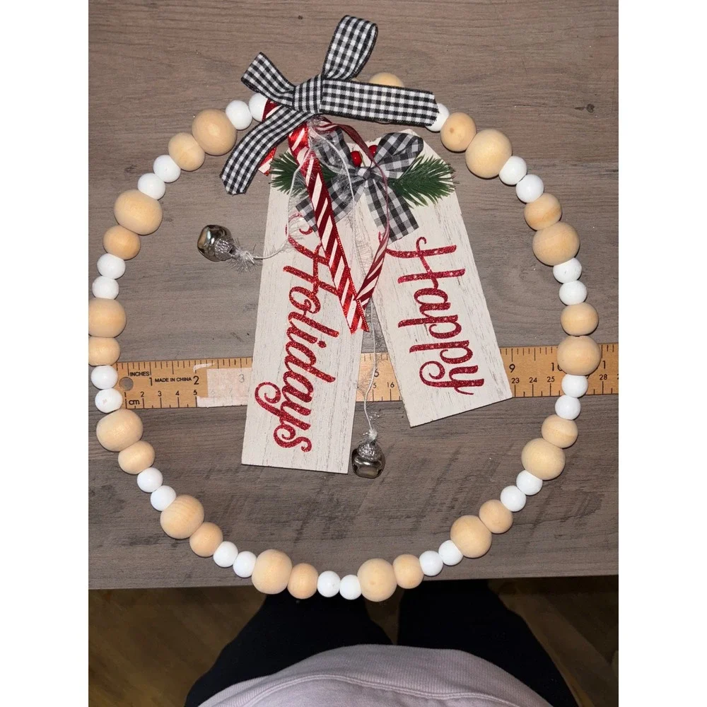 Rustic Beaded Christmas Wreath Happy Holidays Bell Decor